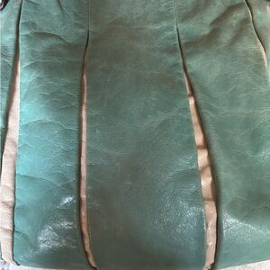 Anthropologie Magic TANO Vintage Pleated Turquoise White Leather Bucket Bag BOLO